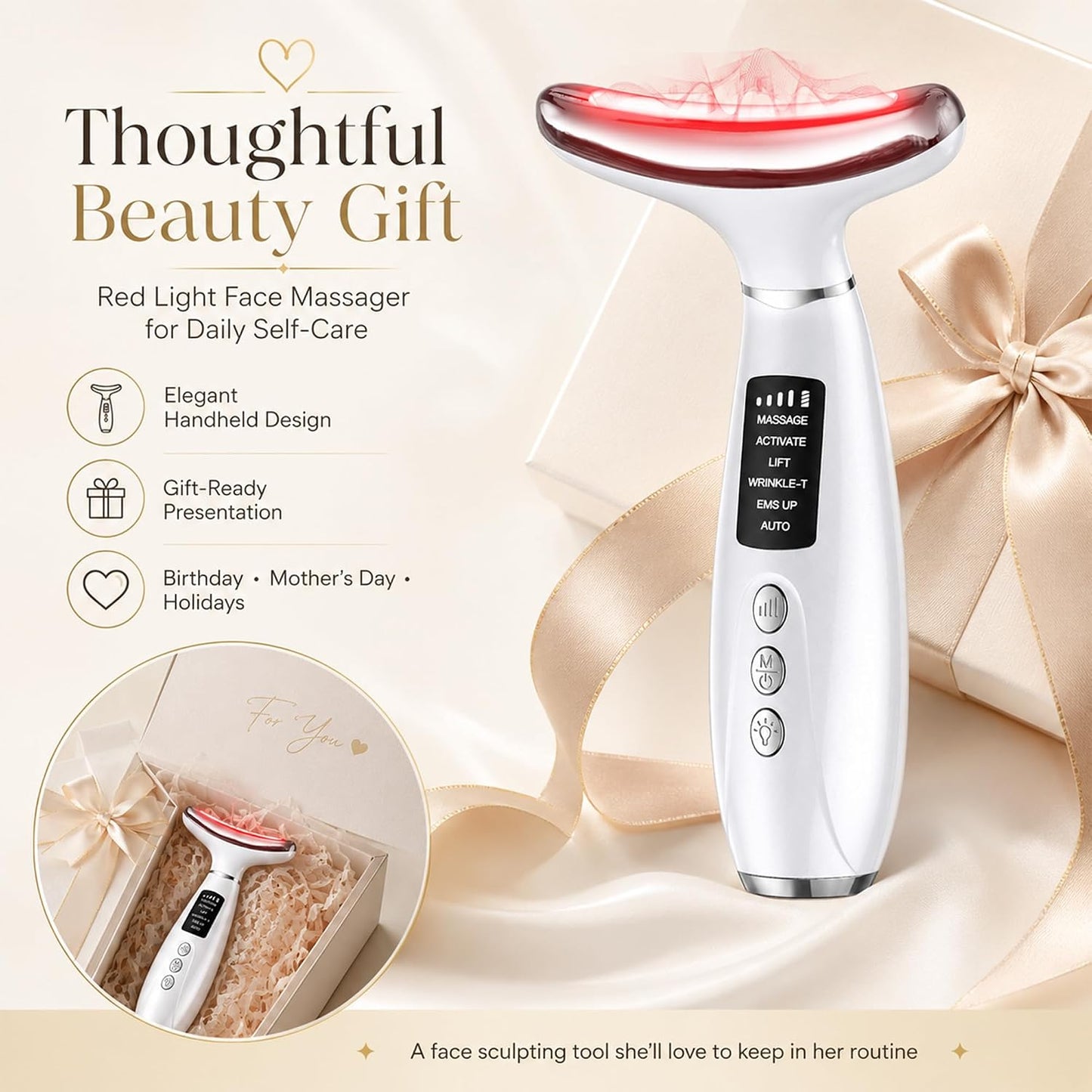 Red Light Therapy Face Massager - LED Face Sculpting Tool with EMS, Heat and Vibration